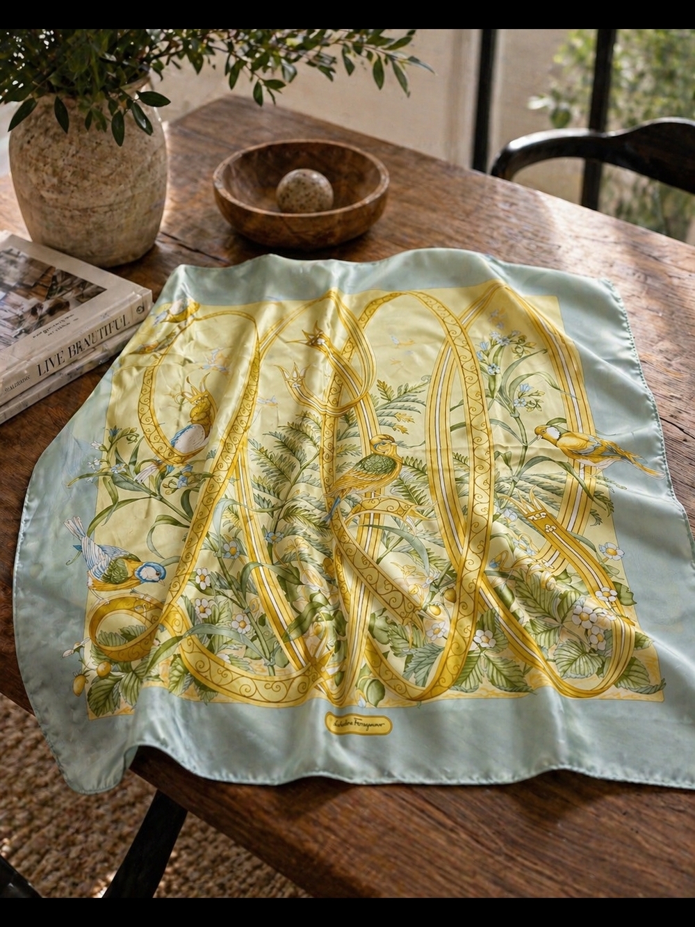 Salvatore Ferragamo Silk Scarf with Yellow Ribbon & Botanical Bird Motif